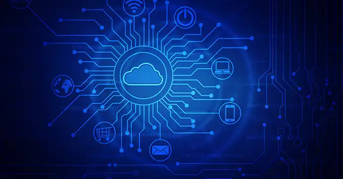 Illuminated images of computer and cloud are connected to denote cyber security