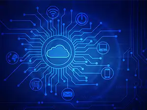 Illuminated images of computer and cloud are connected to denote cyber security