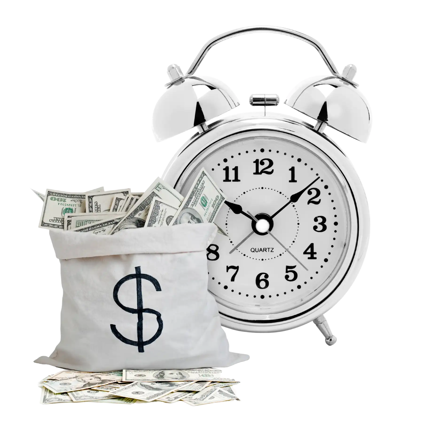 A bag of money and alarm clock